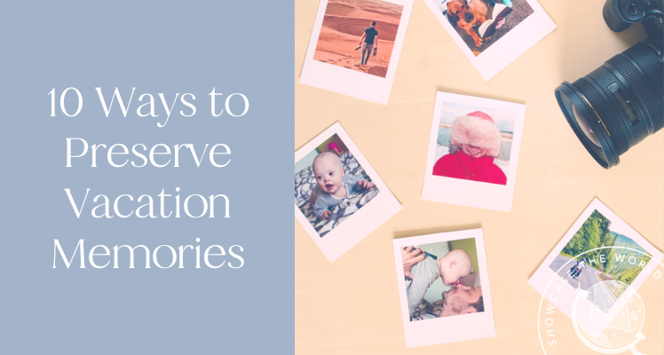 A top-down view of a table with a series of polaroids on it and a camera in the top right corner. Some of the polaroids show travel destinations, while others show a smiling baby.