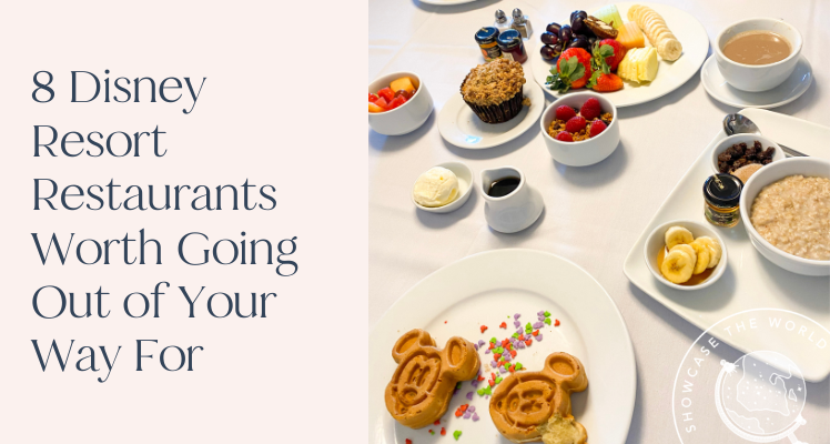 A breakfast spread with Mickey waffles and fruit next to text on a pink background which reads "8 Disney Resort Restaurants Worth Going Out Of Your Way For."