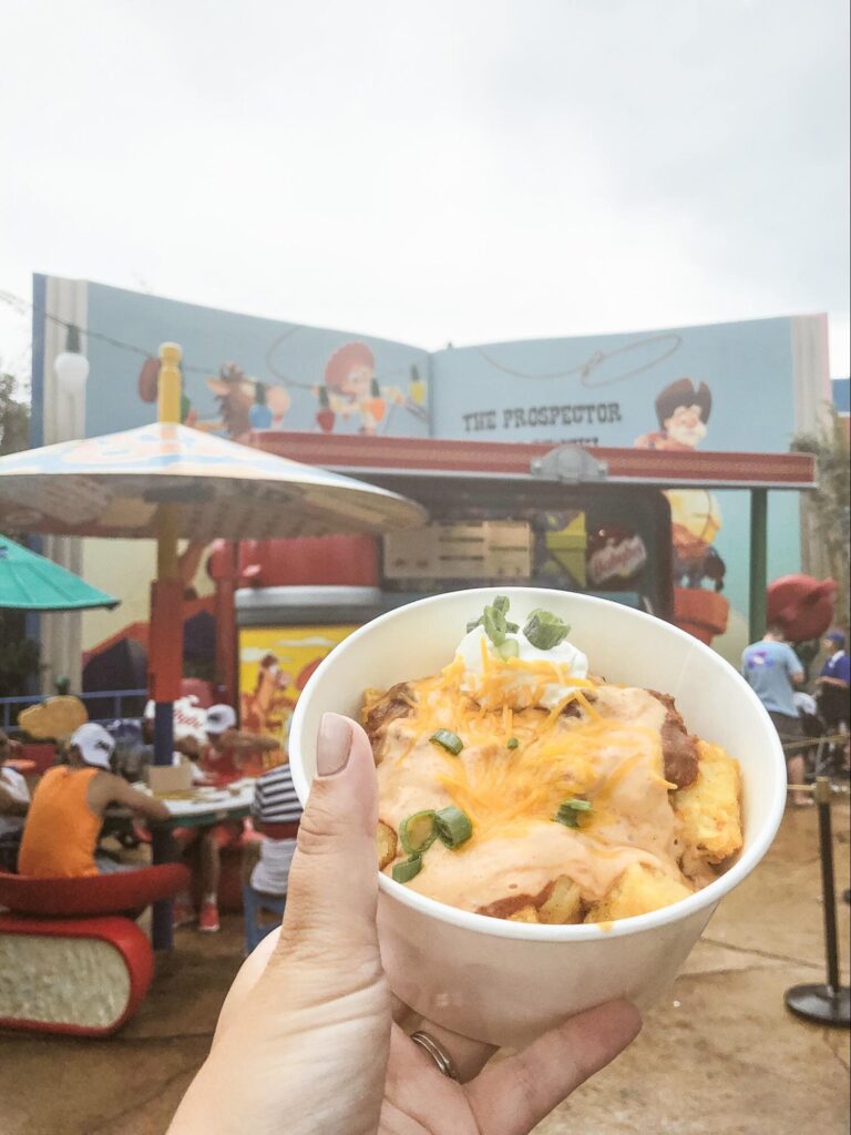 A bowl of totchos, tater-tots topped with chili, queso sauce, sour cream, cheddar cheese, and chives.