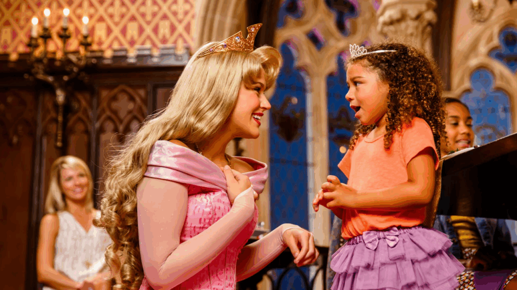 A Disney actor dressed as Sleeping Beauty and wearing a tiara kneels in front of a child wearing a tiara, smiling. The child looks at Aurora in awe. Another woman, blurred, smiles at them in the background.